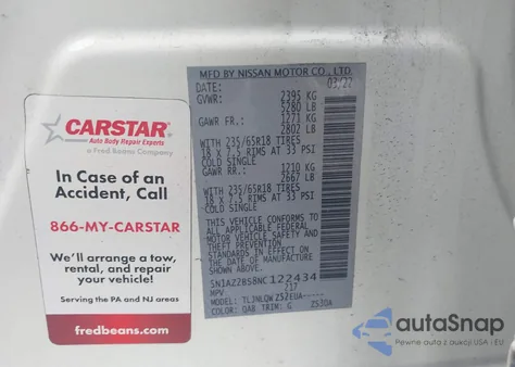 2022 Nissan Murano Sv Intelligent Awd z USA, uszkodzony, nr VIN 5N1AZ2BS8NC122434